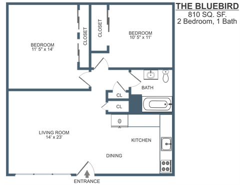 Floor plan for 2 beds, 1 bath, 810 sqft